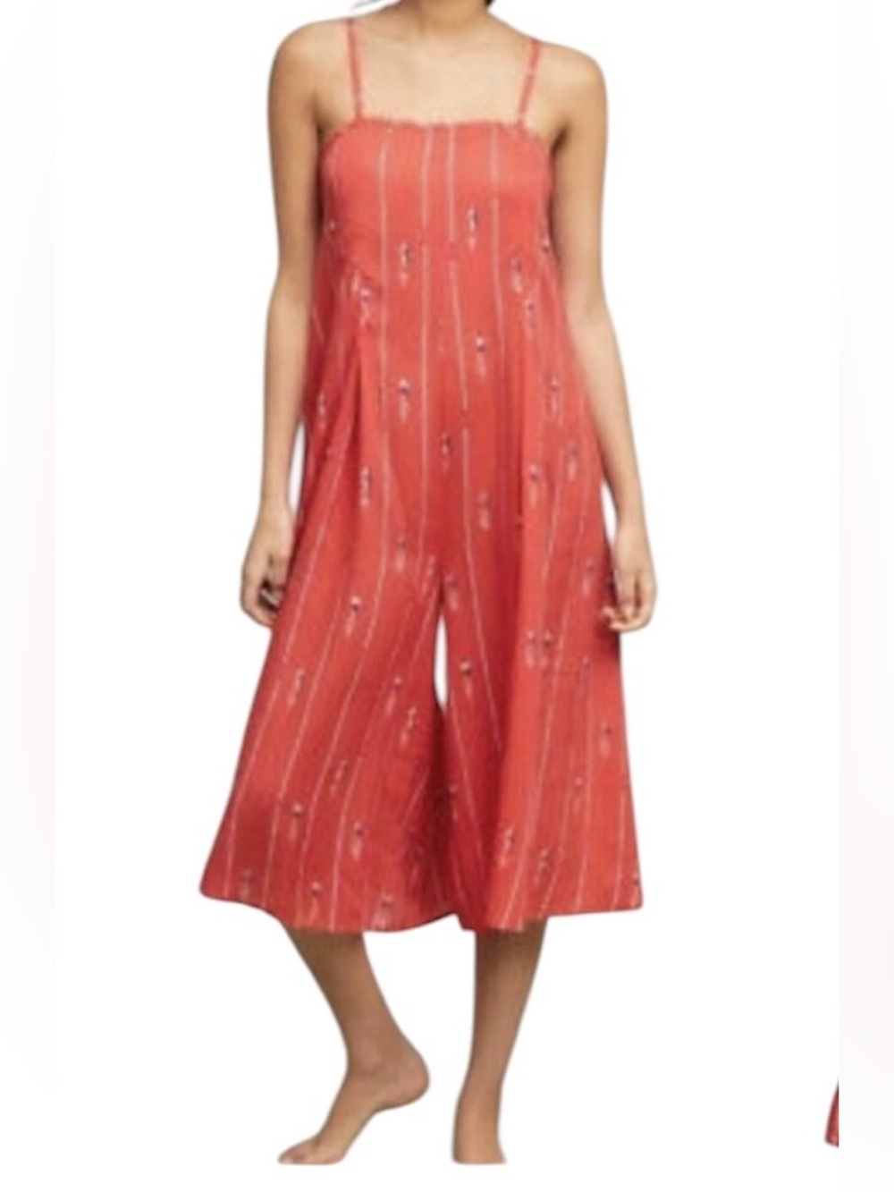 Anthropologie Coral-Red Striped Spaghetti-Strap Jumpsuit